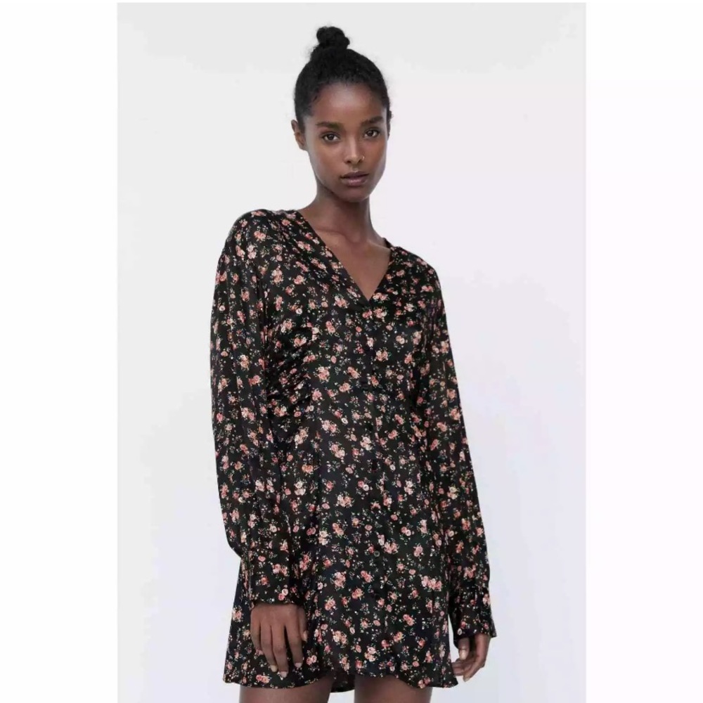 ZARA Black Satin Floral Mini Dress Woman’s size XS Brand new with tags